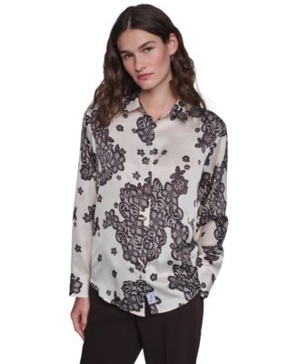 Women's Long-Sleeve Printed Collared Blouse