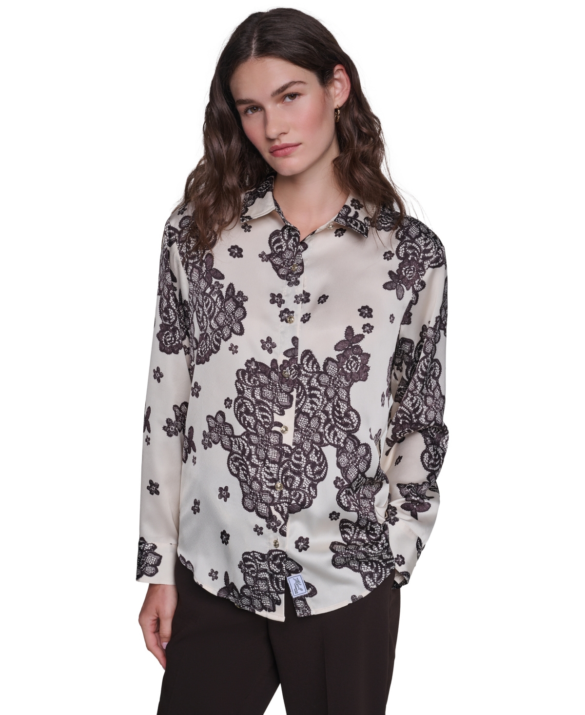 Karl Lagerfeld Paris Women's Long-Sleeve Printed Collared Blouse