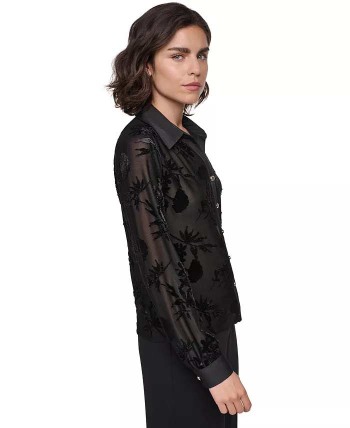Women's Long-Sleeve Collared Burnout-Floral Blouse - thumbnail 3