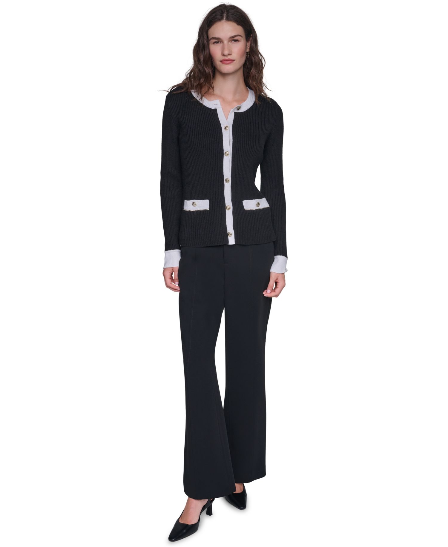 Women's Colorblock Fitted Crewneck Cotton-Blend Cardigan Sweater
