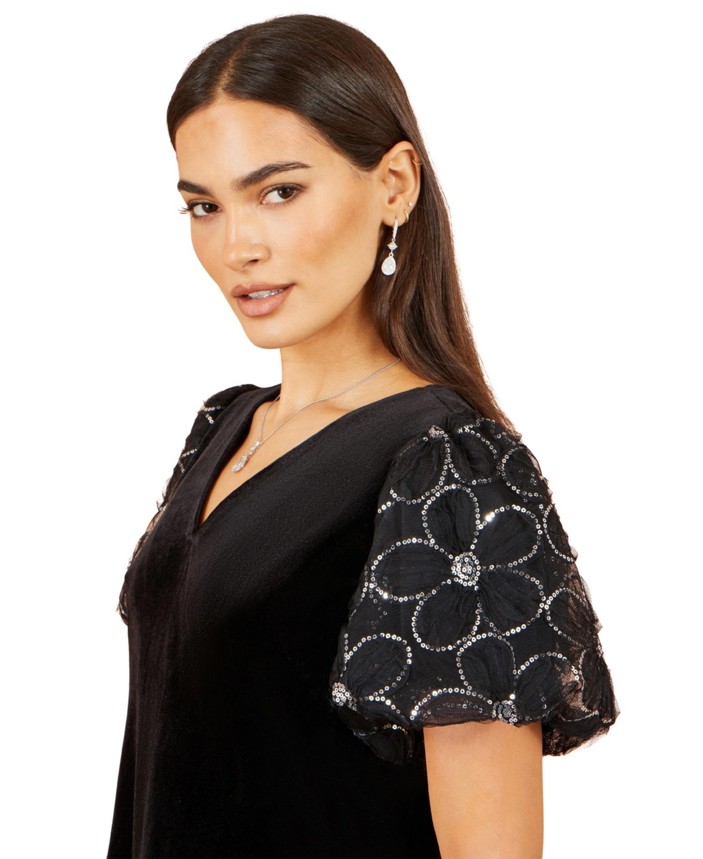 Женское платье Yumi Puff-Sleeve Velvet Mini, цвет: Чёрный — фото 5