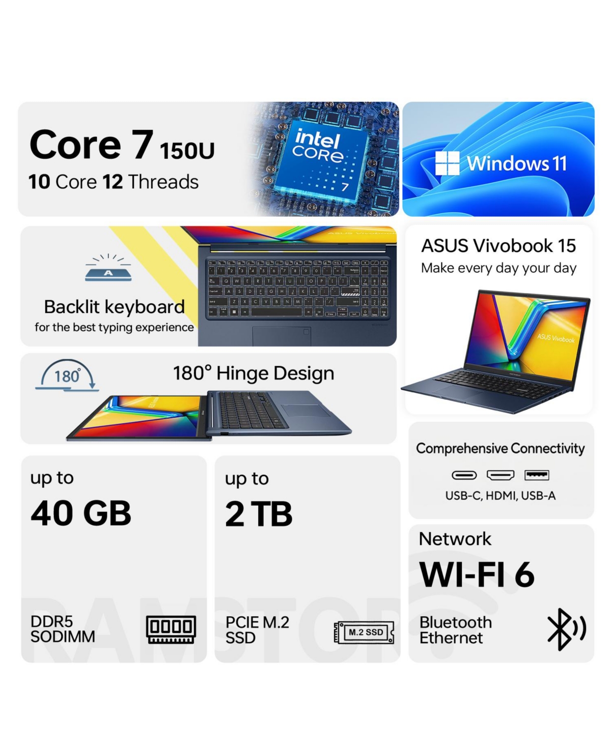 Asus Vivobook 15 15.6" Touchscreen Laptop, Intel Core 7 150U, 40GB DDR5, 2TB Ssd, Wi-Fi 6, Backlit Keyboard, Windows 11 Home