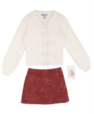 Girls' 7-12 Eyelash-Knit Imitation Pearl Detail Balloon-Sleeve Cardigan and Skort, 2-Piece Set
