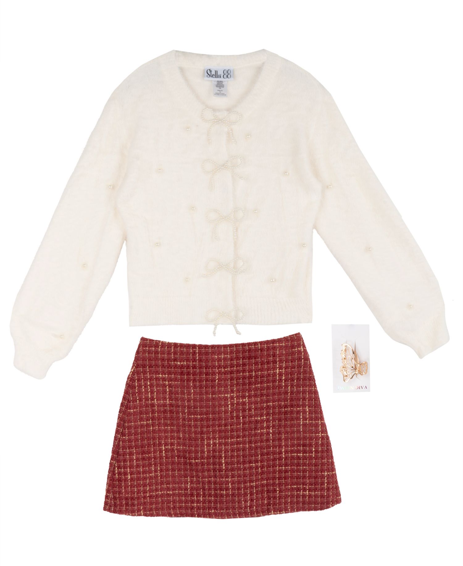 Girls' 7-12 Eyelash-Knit Imitation Pearl Detail Balloon-Sleeve Cardigan and Skort, 2-Piece Set
