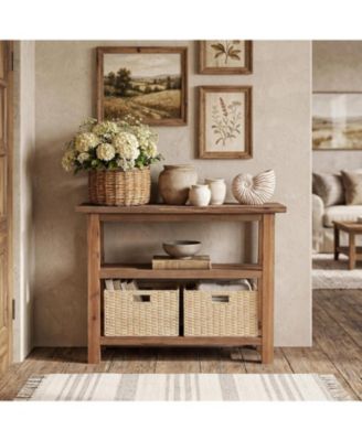 Solid Wood Console Table: 41.34" farmhouse sofa table with 2-tier shelf. For entryway, living room, hallway.
