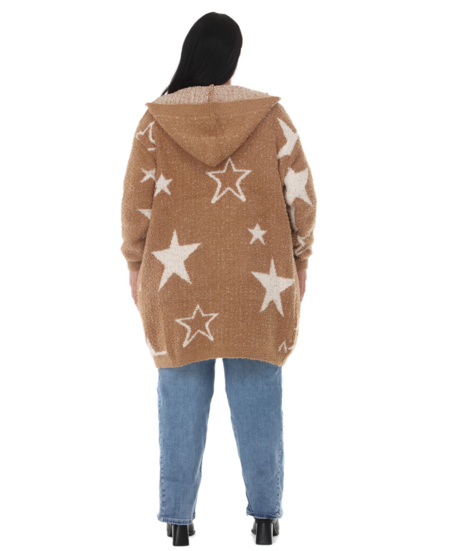 Plus Size Hooded Star-Print Sherpa Cardigan Sweater