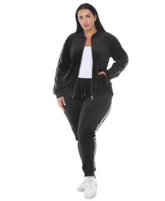 Plus Size Full-Zip Ribbed Velour Side-Stripe Top and Joggers, 2-Piece Set
