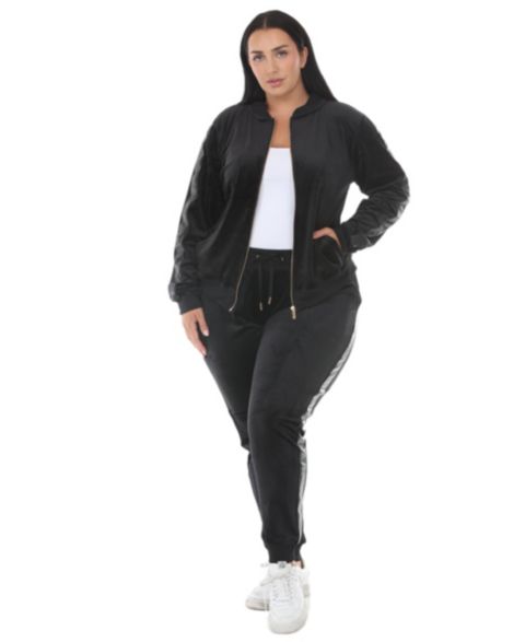 White Mark Plus Size Full-Zip Ribbed Velour Side-Stripe Top and Joggers, 2-Piece Set, цвет: Чёрный