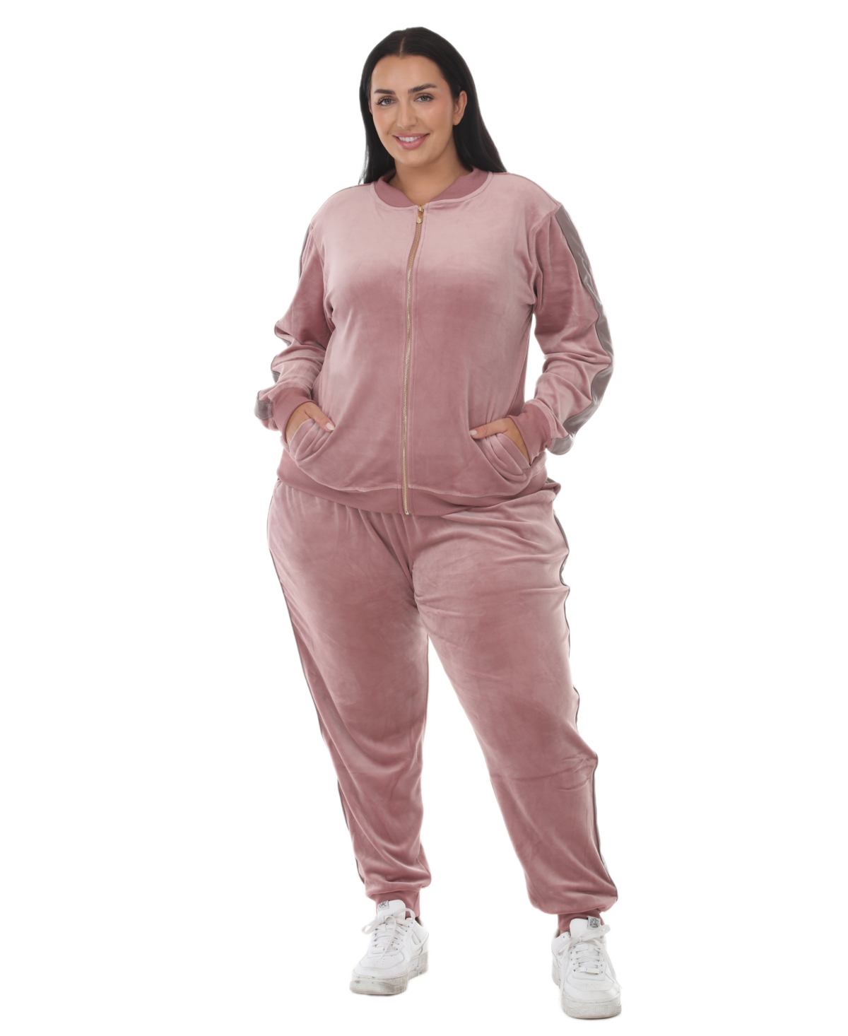 White Mark Plus Size Full-Zip Ribbed Velour Side-Stripe Top and Joggers, 2-Piece Set - Red
