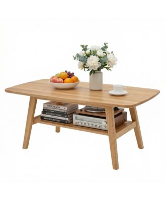 Solid Oak Wood Coffee Table, 2-Tier Rectangle Center Table with Rounded Corners and Storage Shelf for Living Room, Office