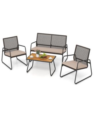 4Piece Patio Furniture Set PE Wicker Rattan Conversation Set with Zippered Cushions