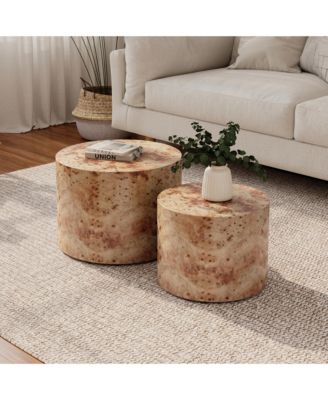 Nesting Coffee Table Set of 2, Modern Round Center Table, Wooden Circle Accent Tables, Drum Side Table for Living Room, Office