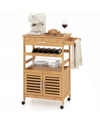 Bamboo Rolling Kitchen Island Trolley With Storage Cabinet Wine Rack Towel Rack