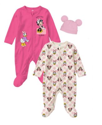 Baby Girls' Minnie & Daisy Footed Zipper Closure Coveralls and Hat, 2-Pack Set