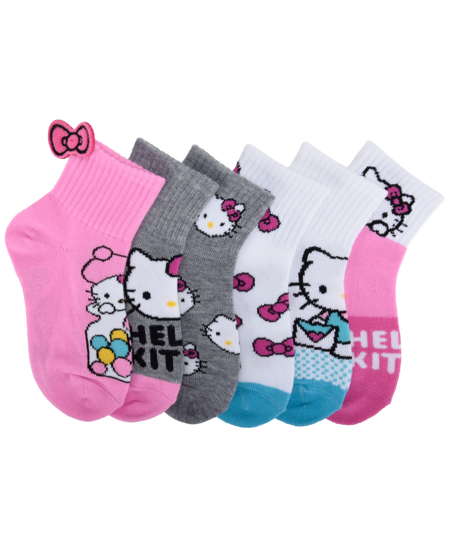 Girls' 4-16 Hello Kitty Ribbed-Cuff Ankle Crew Socks, 6-Pack