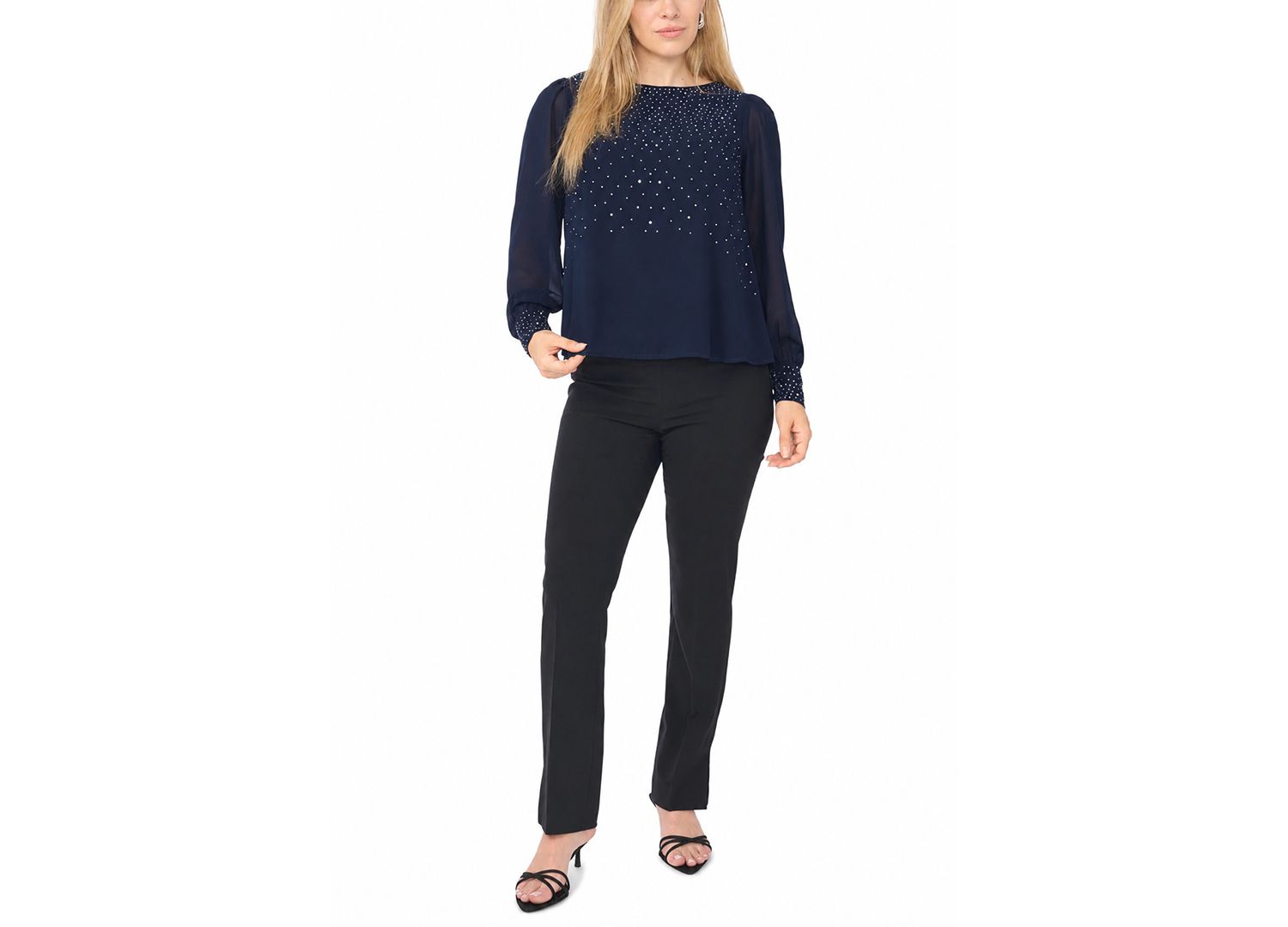 Petite Rhinestone-Embellished Long-Sleeve Blouse