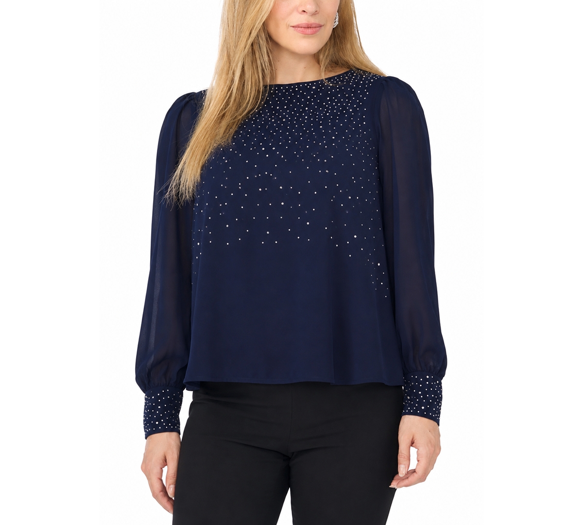 Msk Petite Rhinestone-embellished Long-sleeve Blouse In Navy