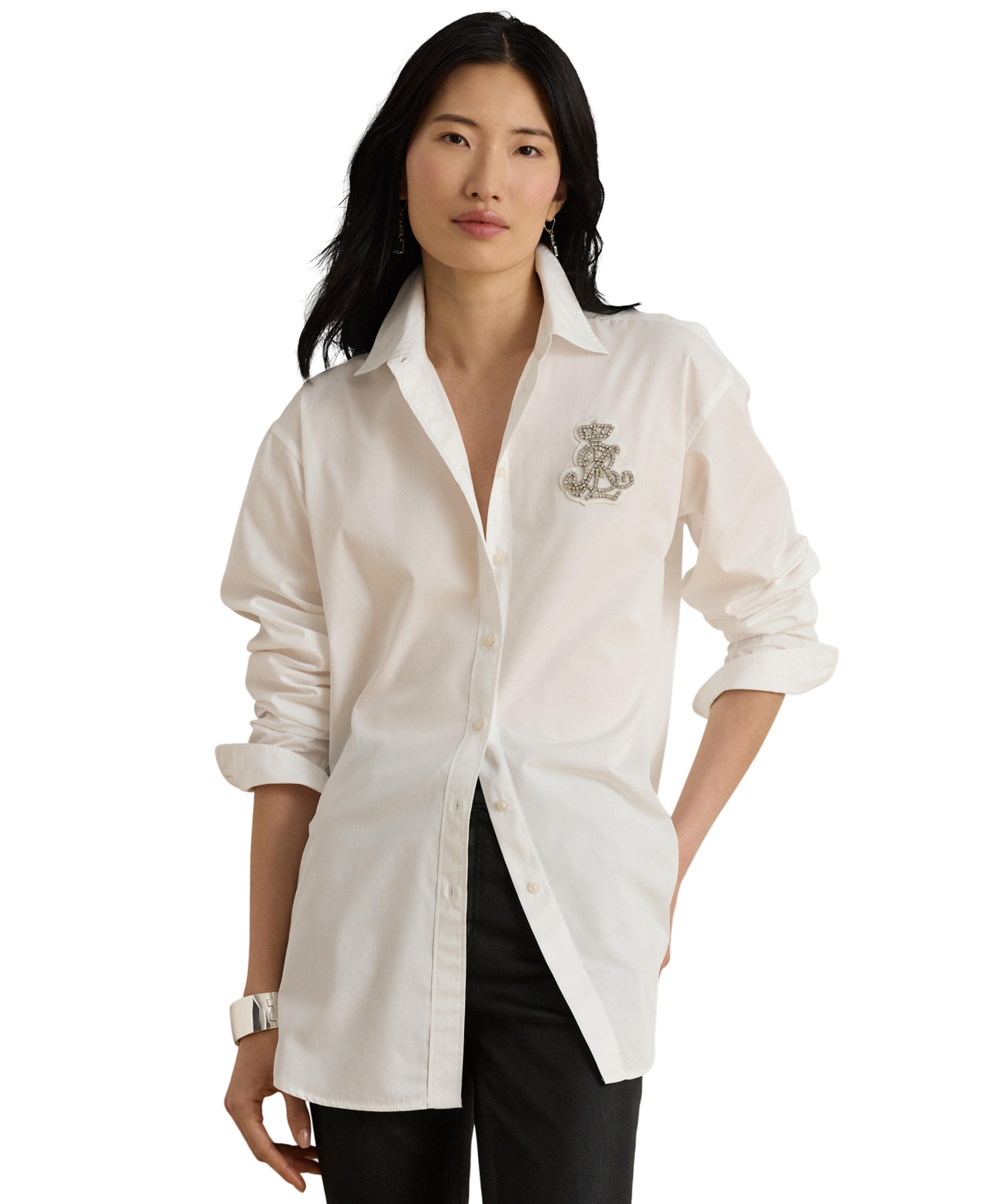 Lauren Ralph Lauren Women's Petite Long-Sleeve Relaxed-Fit Rhinestone-Embellished Lrl Patch Dress Shirt - White
