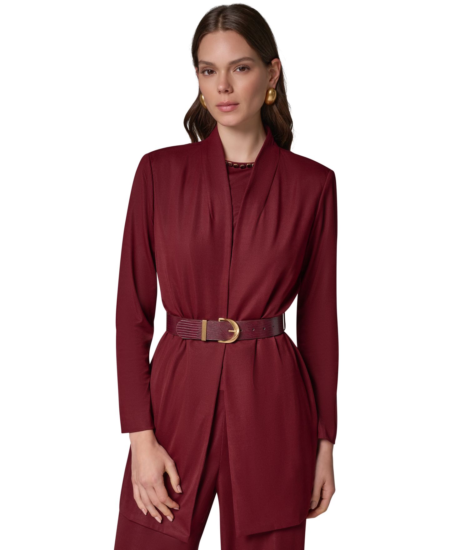 Женский пиджак Donna Karan New York Knit Belted Collarless Blazer, цвет: Чёрный вишнёвый — фото 12