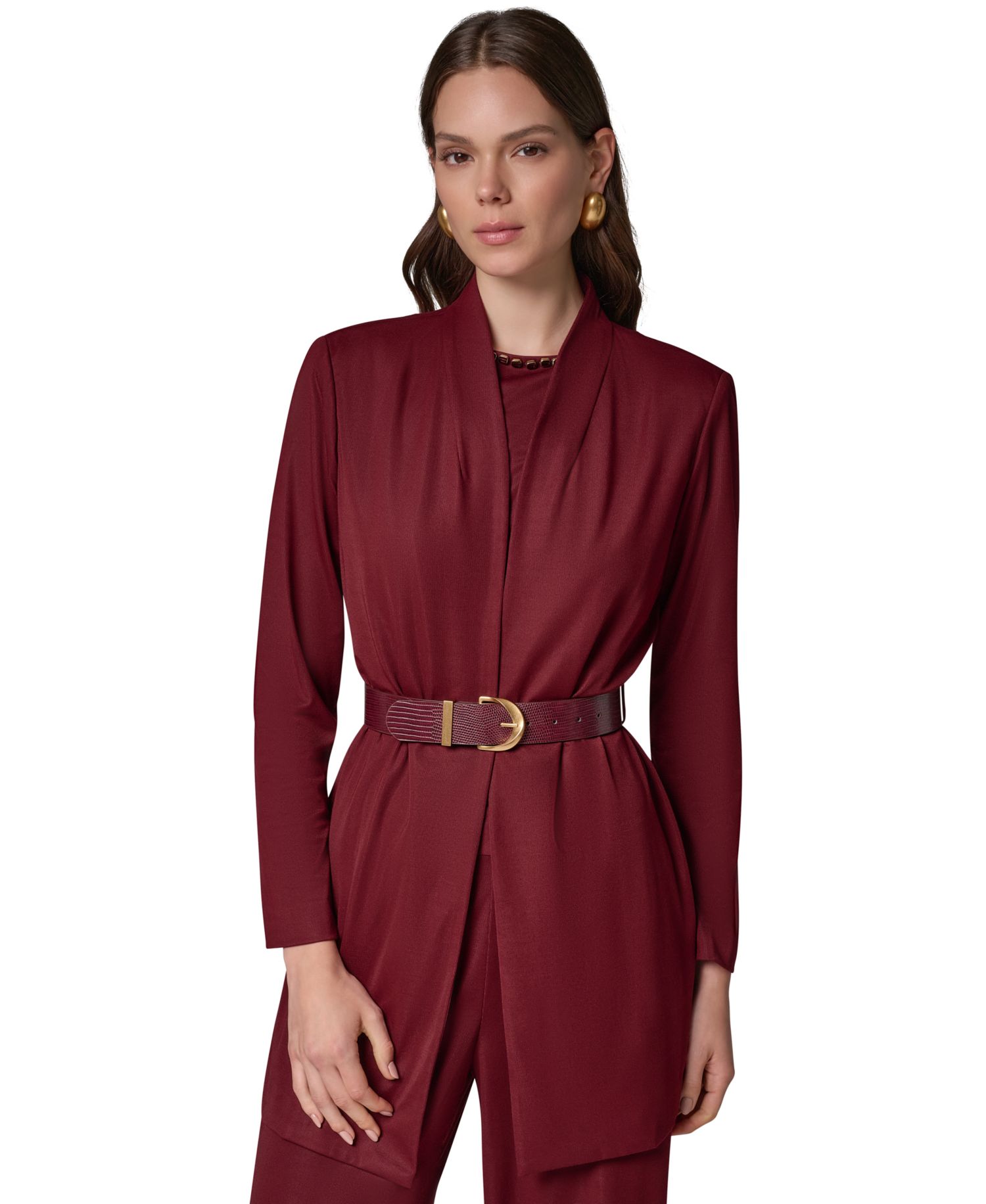 Women's Knit Belted Collarless Blazer