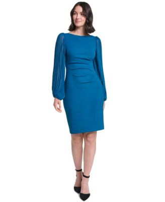 Women's Pleated Sleeve Sheath Boat Neck Dress