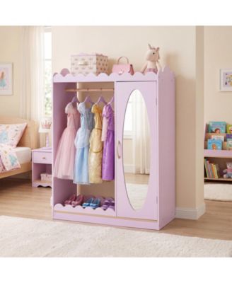 Kids Dress Up Storage with Full Length Mirror, Single Door Cabinet, Hanging Rod