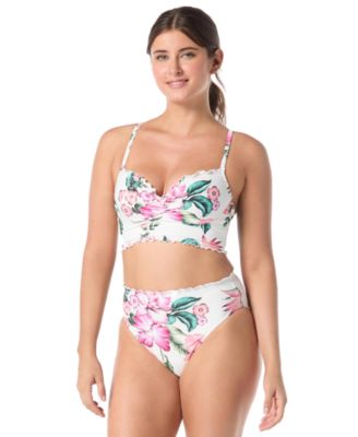 Women's Lavish Push-Up Floral Sweetheart-Neck Bikini Top and Crescent High-Waisted Ruched Bikini Bottom