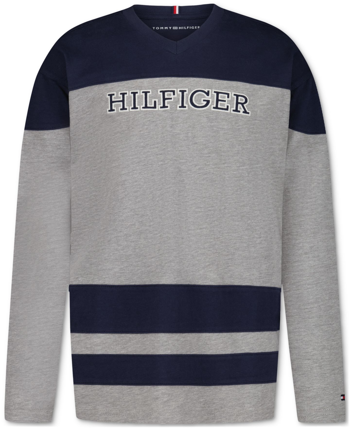 Футболка Tommy Hilfiger Hockey-Inspired Long-Sleeve V-Neck для мальчиков, цвет: Серый меланжевый — фото 1