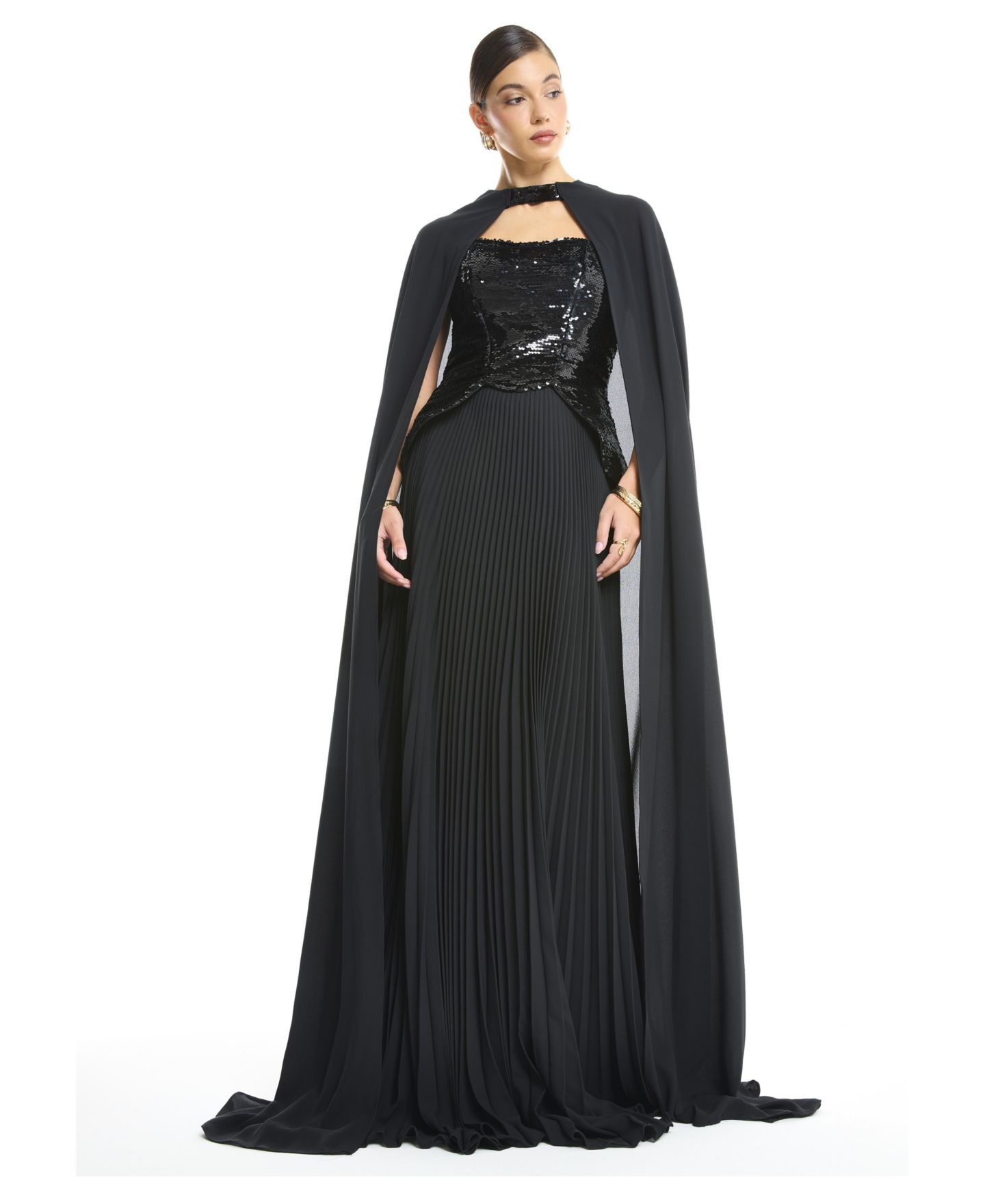 Женские платья AMRI Sequin Bustier Pleated Evening Gown with Detachable Cape, цвет: Чёрный — фото 3