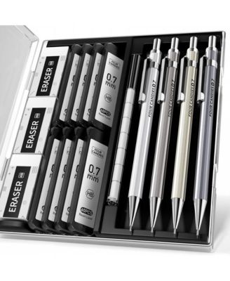 4Pieces Metal Mechanical Pencil Set 0.7mm, 480 Leads 12 Erasers with Case for School Art Drawing