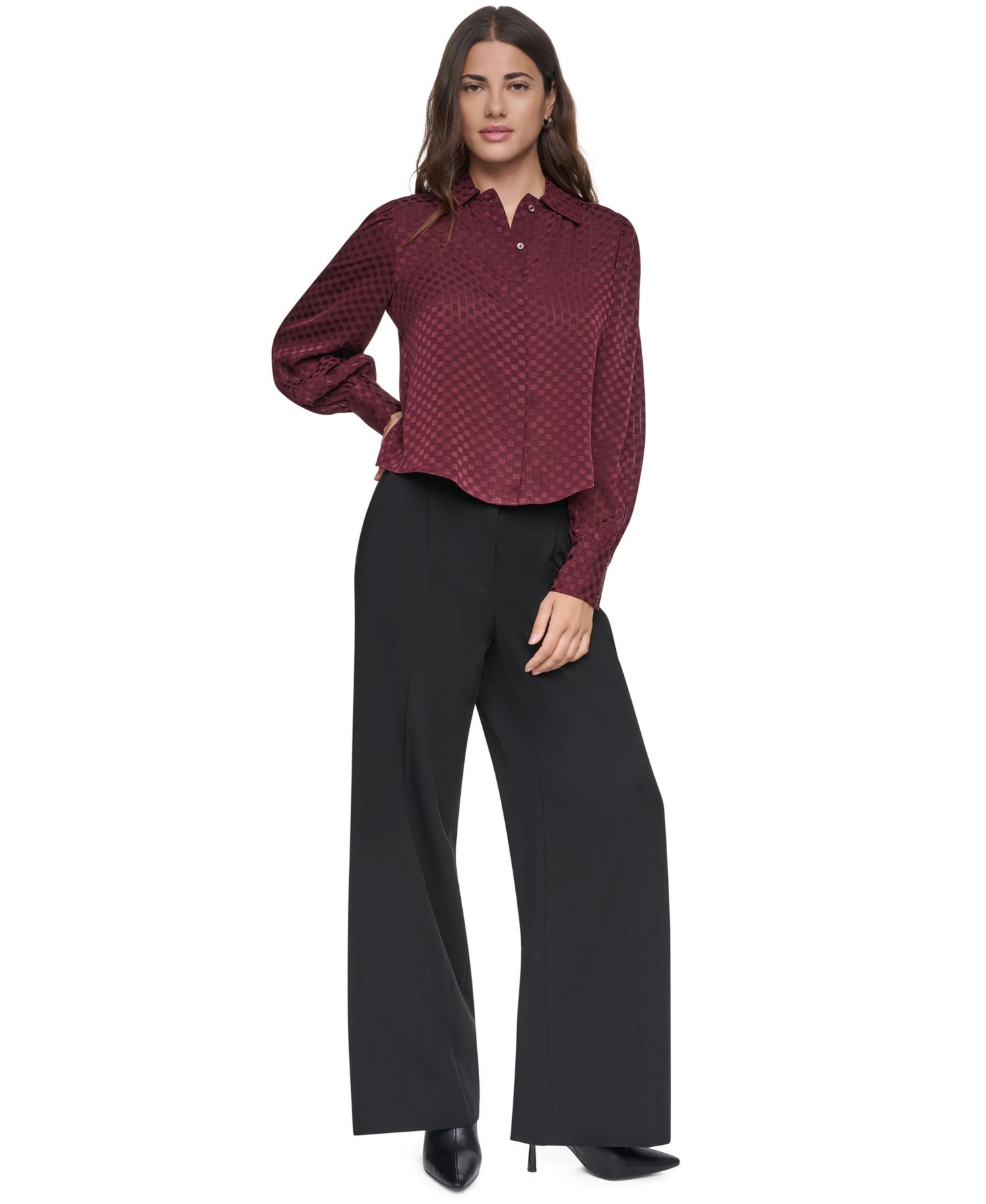 Petite Long-Sleeve Puff-Sleeve Button-Front Blouse