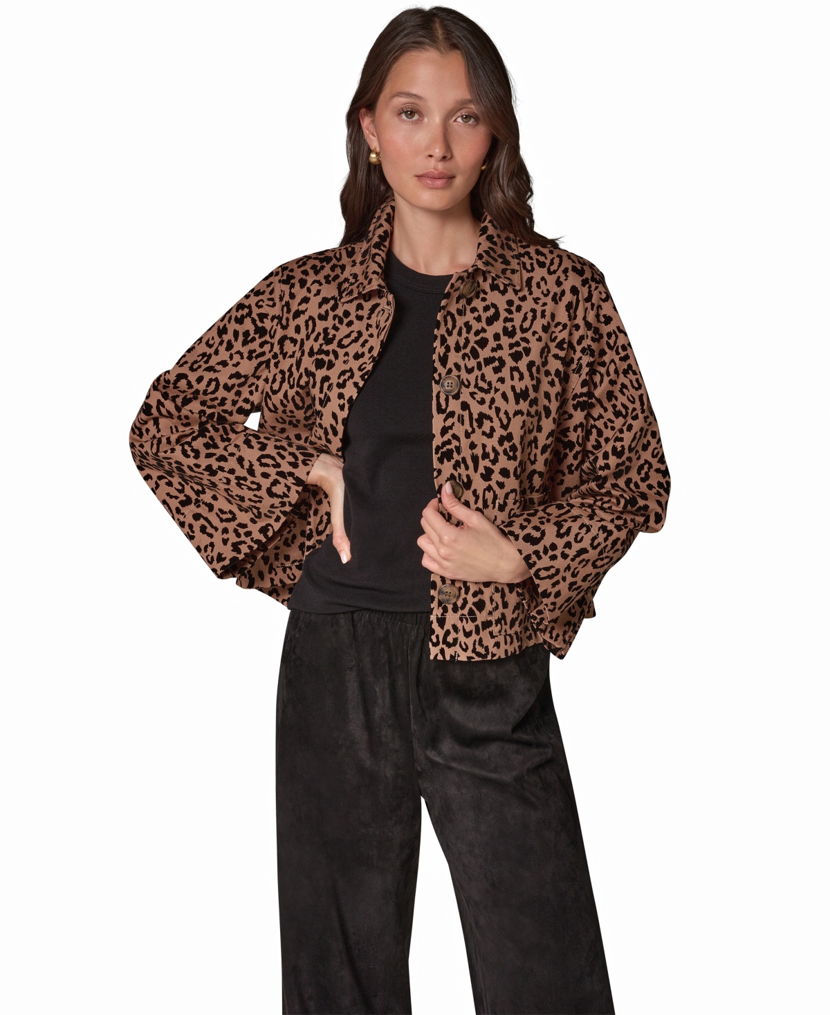 Donna Karan Weekend Women's Flocked Canvas Leopard-Print Bell-Sleeve Trapeze Jacket