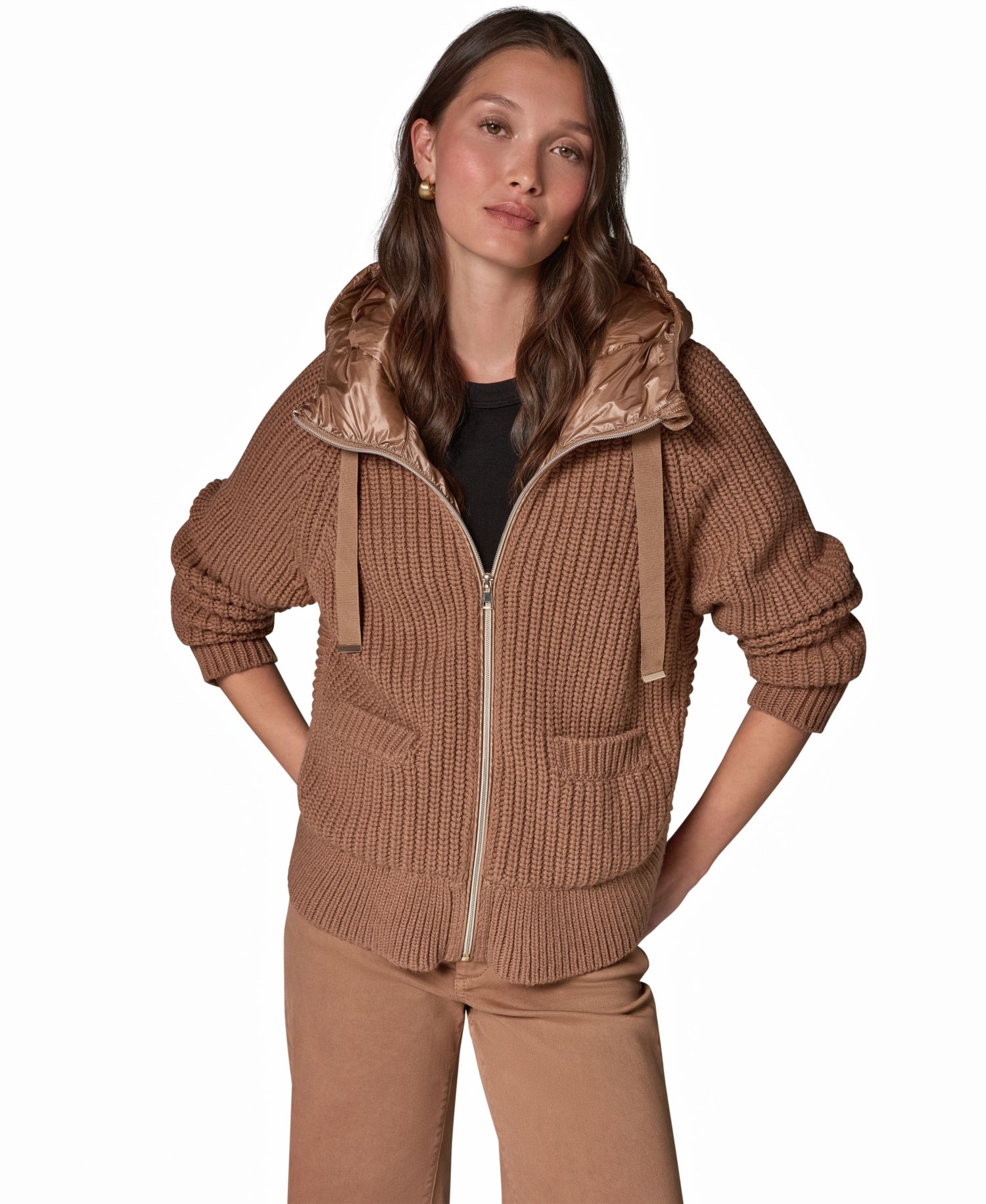 Women's Wool-Blend Hooded Mixed-Media Chunky Jacket