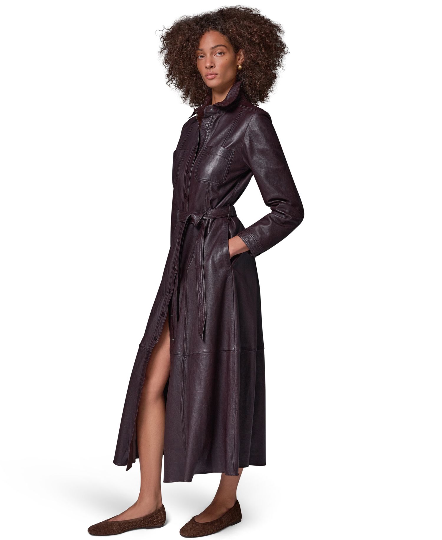 Women's Long-Sleeve A-Line Collared Leather Shirt Dress