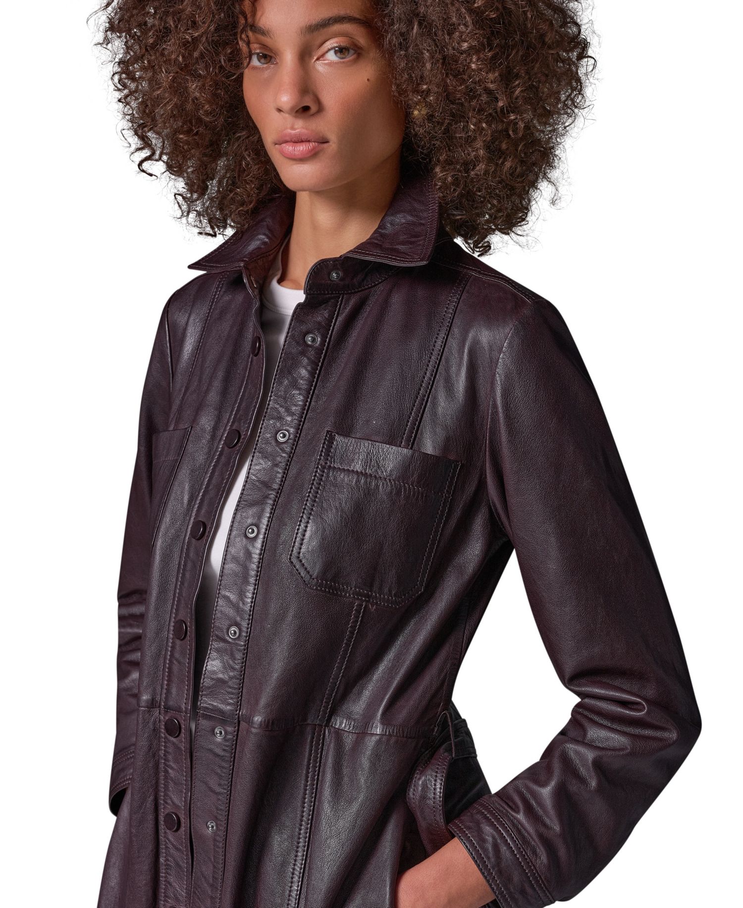 Women's Long-Sleeve A-Line Collared Leather Shirt Dress