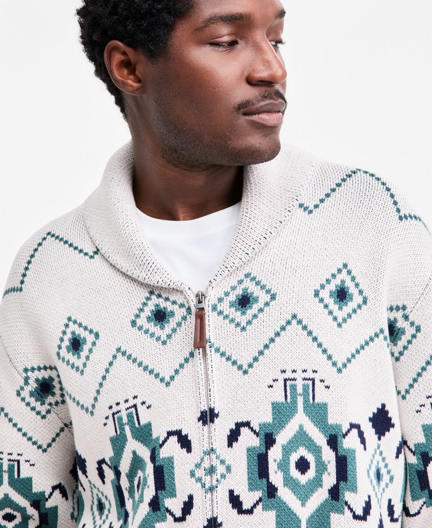 Мужская куртка Sun + Stone Fair Isle Full-Zip Shawl-Collar Sweater Jacket, цвет: Серо-бежевый — фото 3
