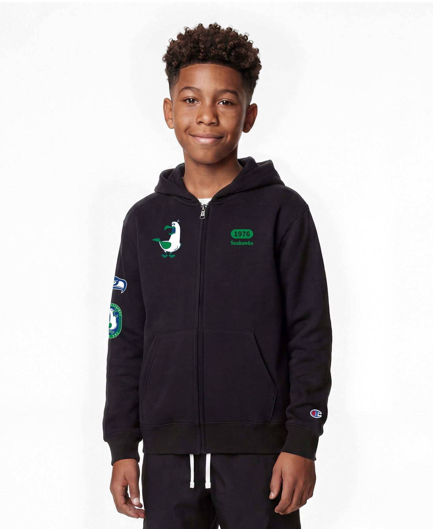 Big Boys and Girls Black Seattle Seahawks Disney X Champion Full-Zip Hoodie