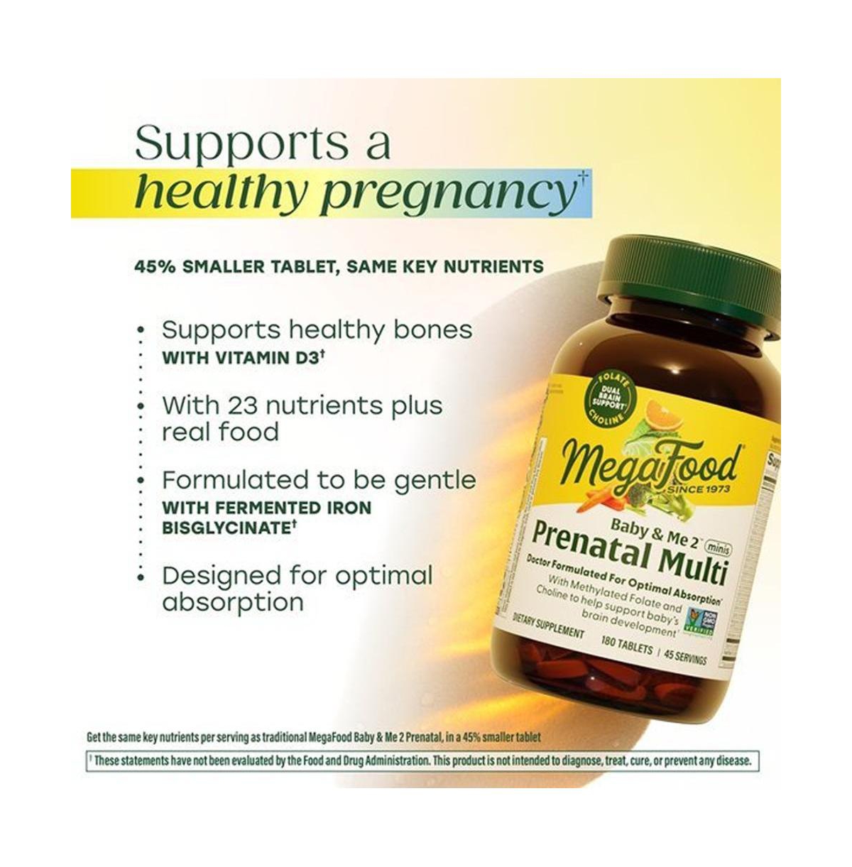 MegaFood Baby and Me 2 Prenatal Multi Minis Prenatal Vitamins for Women with Choline and Methylated Folate 180 Ct
