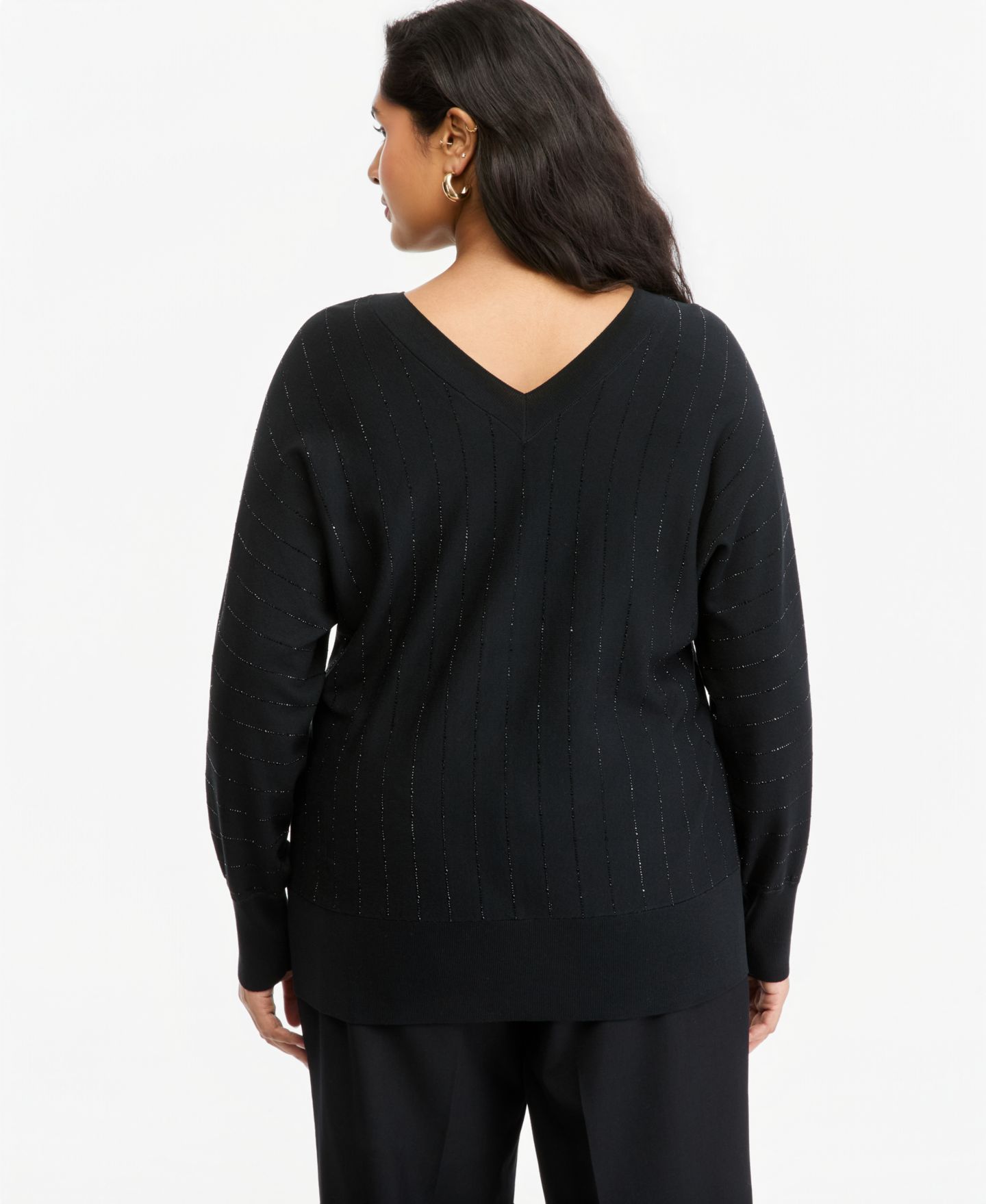 Женский свитер I.N.C. International Concepts Plus Size Rhinestone-Stripe V-Neck Pullover, цвет: Глубокий чёрный — фото 3