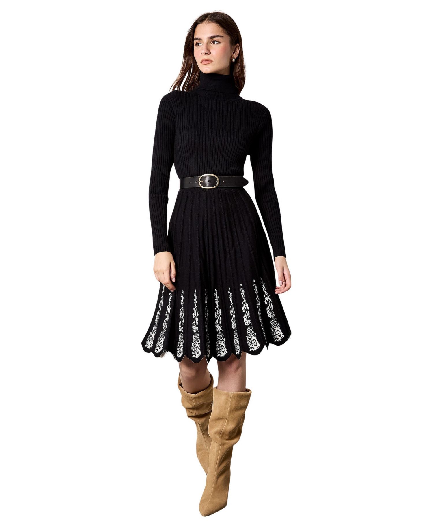 Women's High-Neck Lace Embroidery Fit & Flare Dress