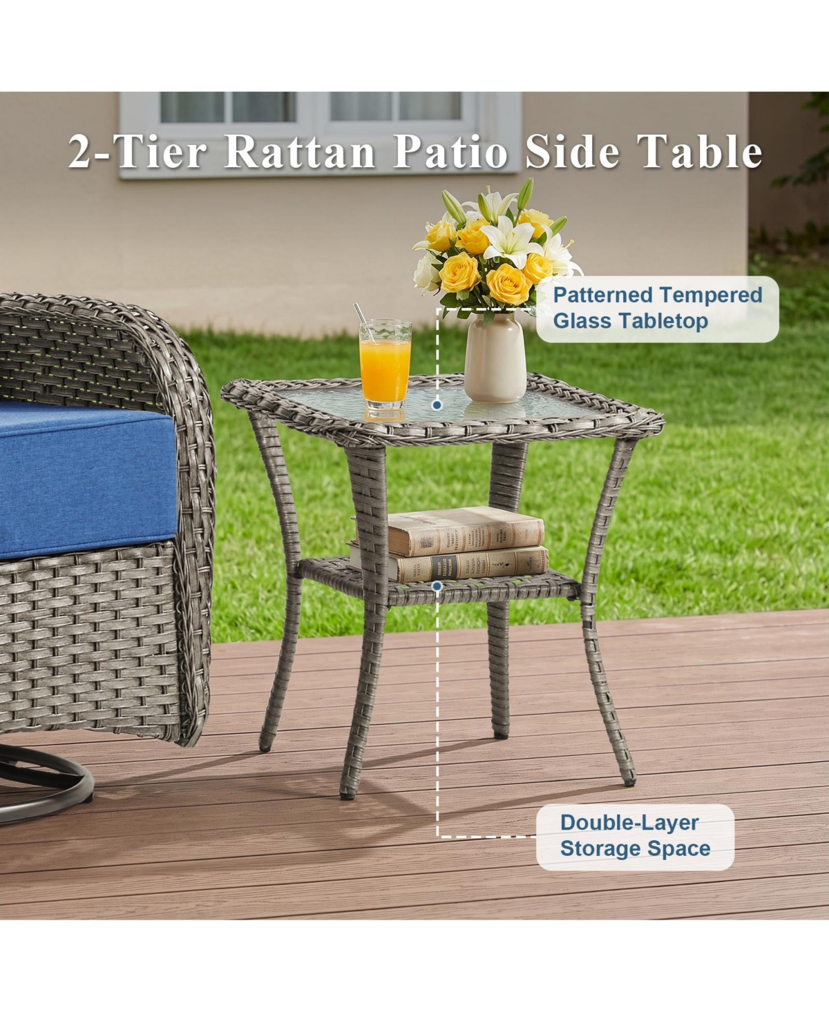 Pocassy 7 Pieces Patio Furniture Set with Fire Pit High Back Outdoor 6-inch Cushions Wicker Swivel Rocker Chairs