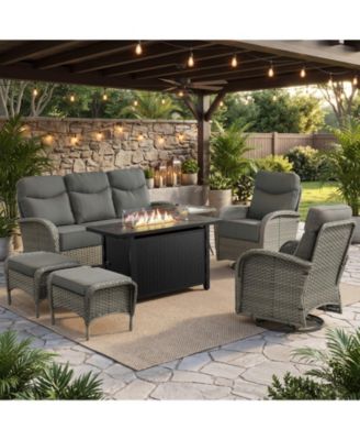 7 Pieces Patio Furniture Set with Fire Pit High Back Outdoor Furniture Set 6-inch Cushions Wicker Patio Swivel Rocker Chairs