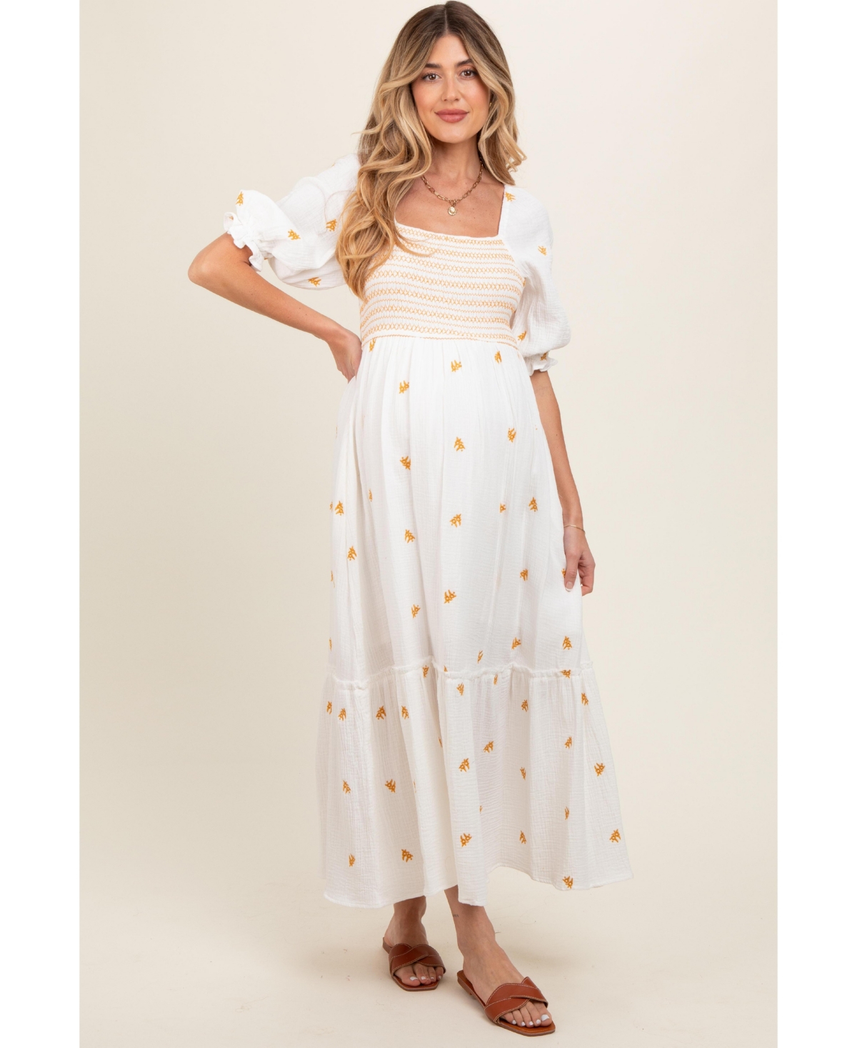 Pinkblush Women's Ivory Gauze Smocked Embroidered Square Neck Midi Dress