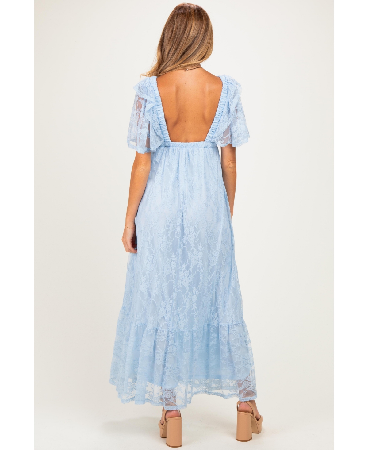 Pinkblush Women's Light Blue Lace Flutter Sleeve Tiered Maxi Dress