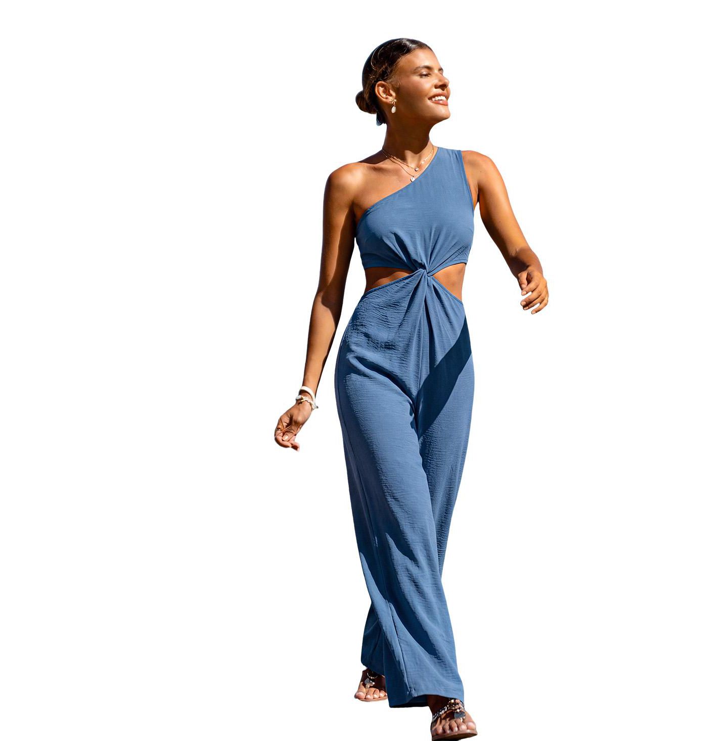 Женский комбинезон Cupshe One-Shoulder Twist-Front Wide-Leg Jumpsuit, цвет: Синий — фото 2