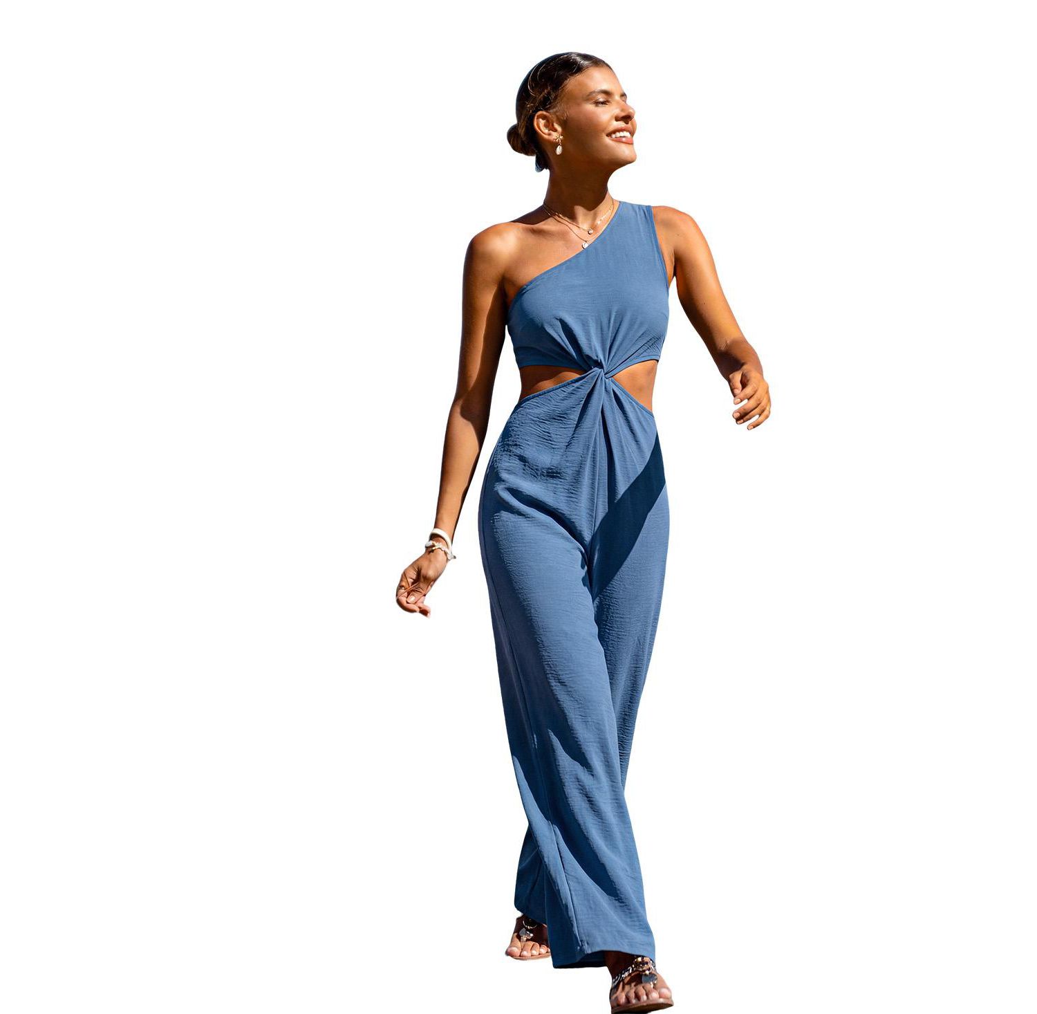 Women's One-Shoulder Twist-Front Wide-Leg Jumpsuit