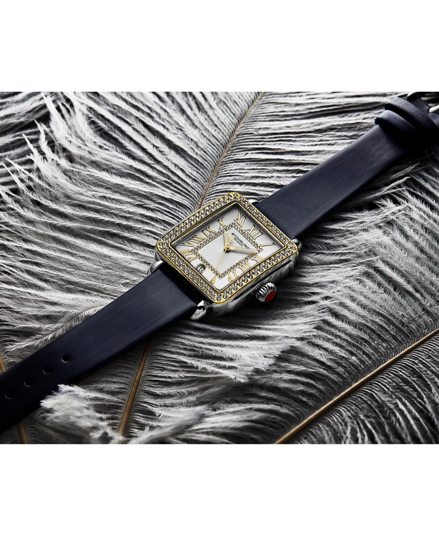 Женские часы Stuhrling Elegant Rectangular 35x47mm Dress Watch - Model 4060L.4, Gold Crystal Bezel, Silver Case, Blue Leather Strap — фото 3