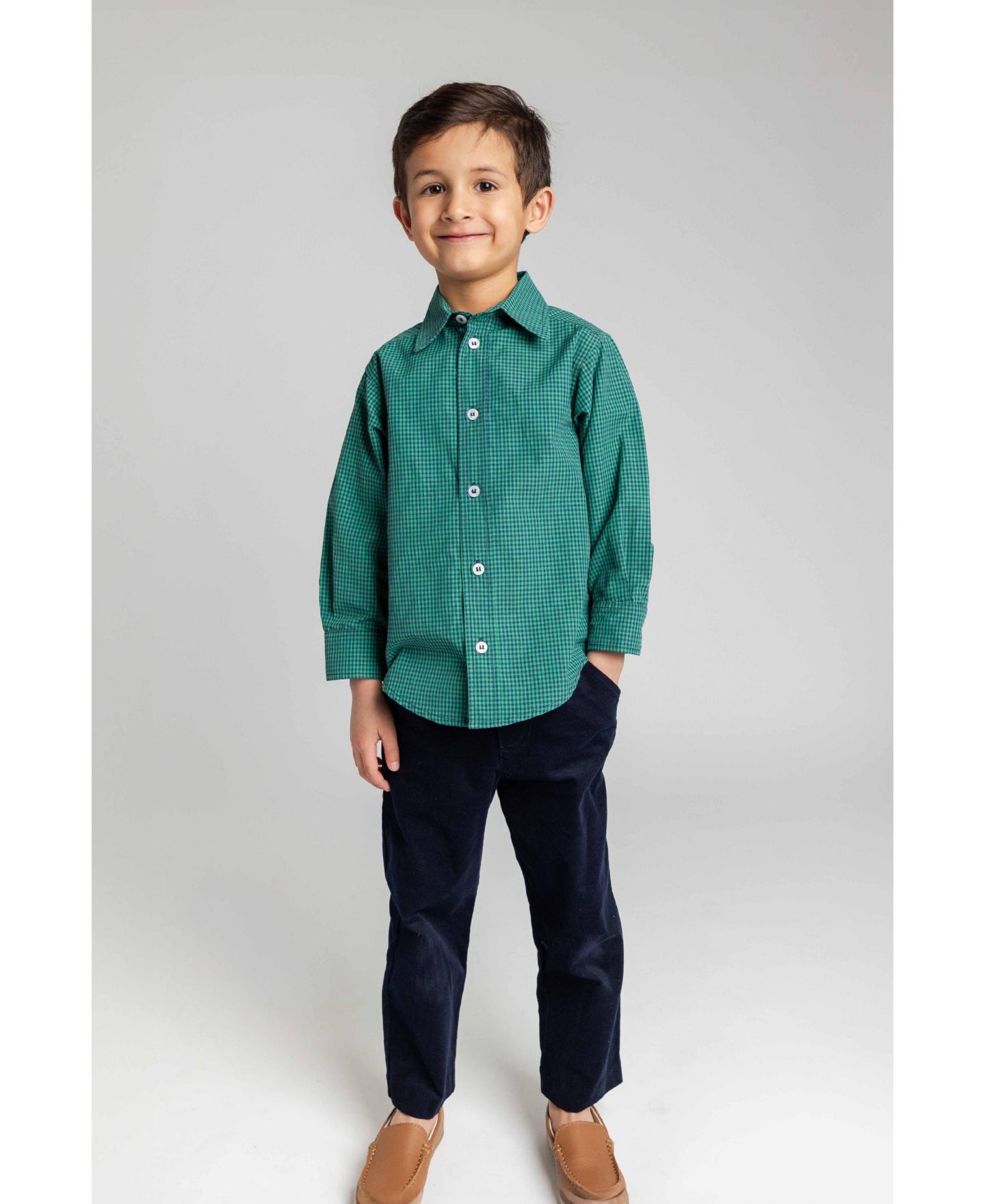 Рубашка Florence Eiseman Check Long-Sleeve Button-Down Shirt для мальчиков, цвет: Тёмно-синий / Нефритовый — фото 2