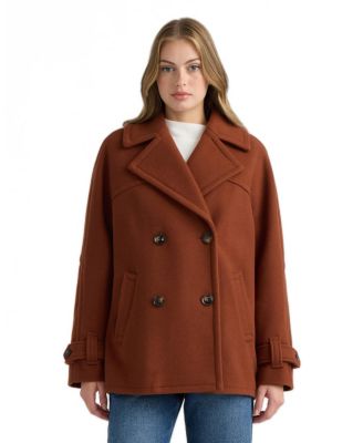 Women's Faux Wool Db Short Coat with Large Notch Collar and Cuff Tab