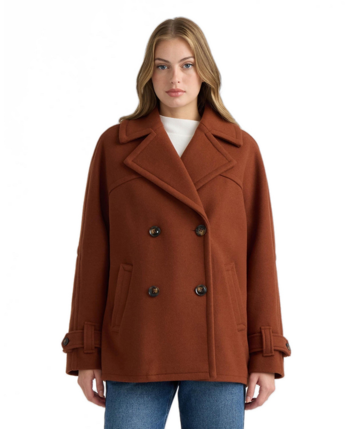Nvlt Women's Faux Wool Db Short Coat with Large Notch Collar and Cuff Tab